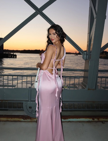 Pink Mermaid Ruffle Straps Satin Long Prom Dress Vacation Dress Party Dress HZ1023